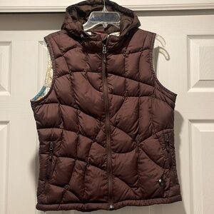 ISIS Brown Goose Down Multi Pocket Multi Interior Color Hooded Zip Vest Size 10